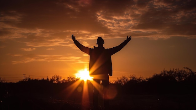 Een man staat voor een zonsondergang met uitgestrekte armen.