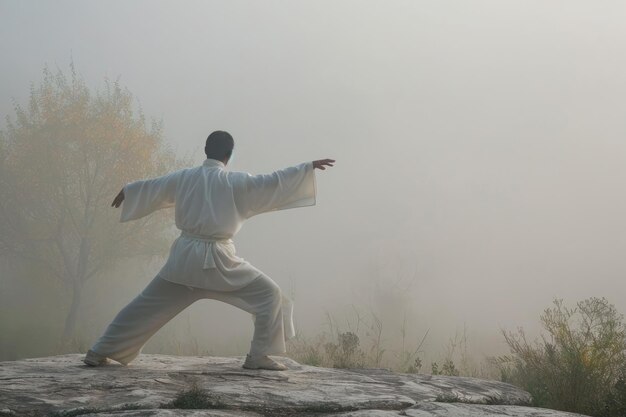 Foto een man staat zelfverzekerd op de top van een grote rots naast een dicht bos en geniet van het adembenemende uitzicht een man die tai chi beoefent in de ochtendnevel ai gegenereerd