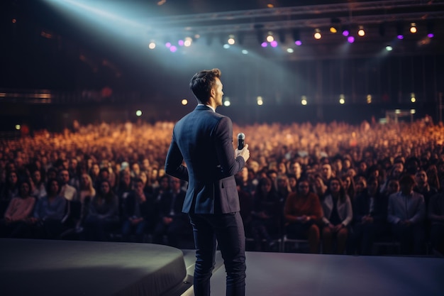 Een man staat zelfverzekerd op het podium terwijl hij een groot publiek toespreekt Motivatie spreker Staande AI gegenereerd