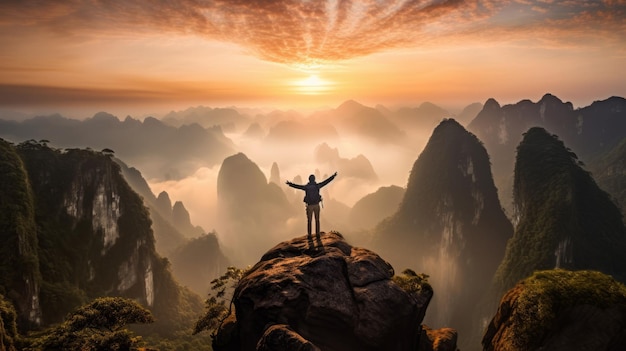 een man-toerist staat na het succesvol veroveren van de topbergZhangjiajie