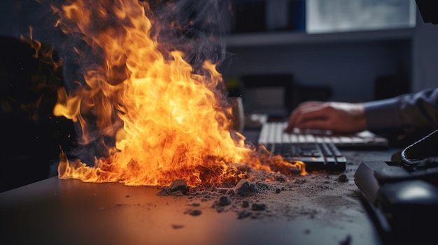 Een man typt op een toetsenbord voor een brandend vuur.