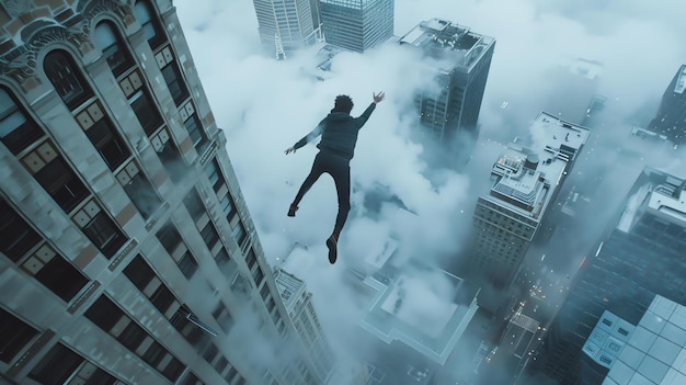 Een man valt van een hoog gebouw hij is omringd door wolken en wolkenkrabbers het beeld is vol spanning en gevaar