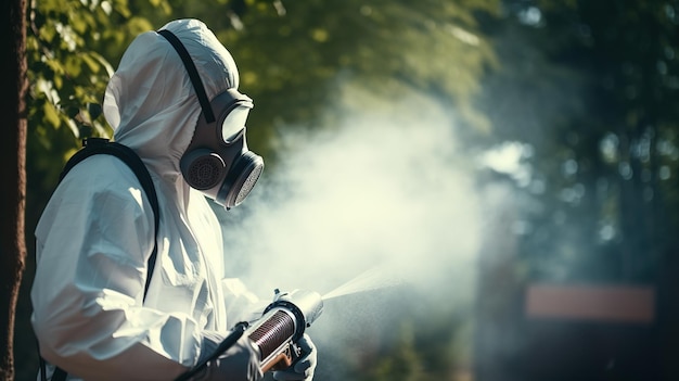 Een man van de ongediertebestrijdingsdienst in een masker en een wit beschermend pak spuit giftig gas