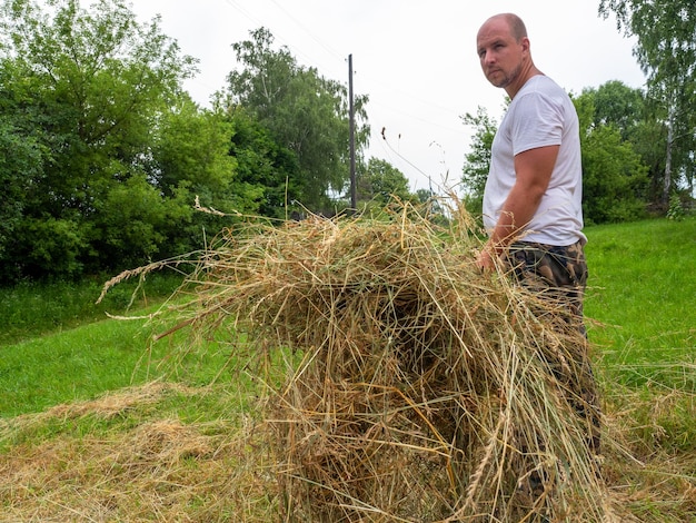 Een man van middelbare leeftijd gekleed in een broek en een T-shirt verzamelt gras in een hooiberg met een vork Het concept van werken in landelijke gebieden om veevoer te oogsten