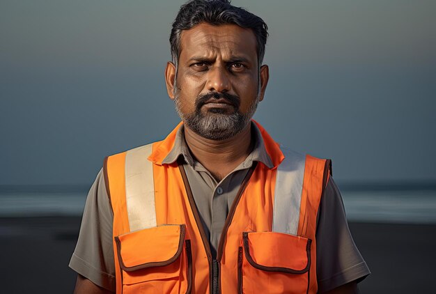 een man van middelbare leeftijd in een oranje veiligheidsvest die op het strand staat in de stijl van het milieu