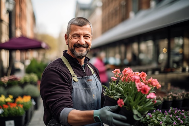 Een man van middelbare leeftijd in het midden van de stad met bloemen.