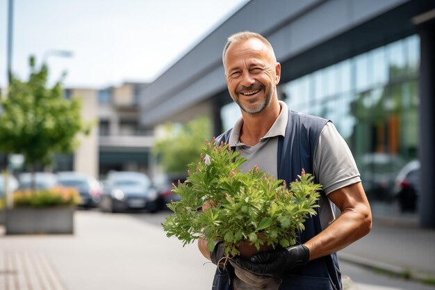 Een man van middelbare leeftijd in het midden van de stad met bloemen.