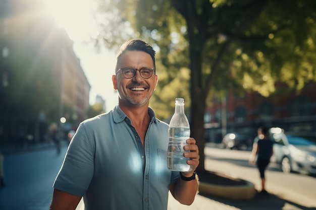 Een man van middelbare leeftijd in het midden van de stad met een fles water.