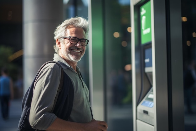 een man van middelbare leeftijd met behulp van een geldautomaat bokeh stijl achtergrond