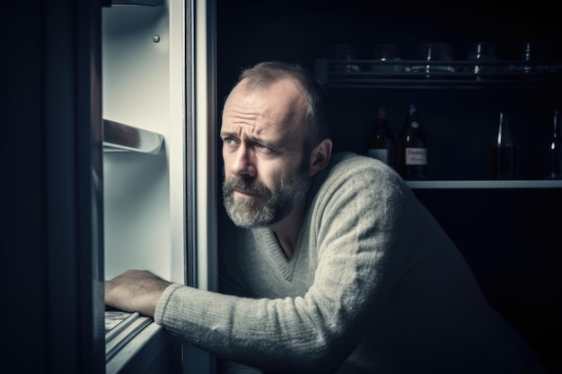 Een man van middelbare leeftijd zit bij een open koelkast.