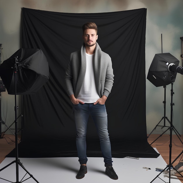 Een man van modeblogger die poseert in een studio