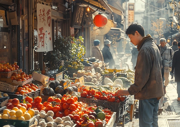 Foto een man verkoopt groenten in een markt met een bord waarop staat: 