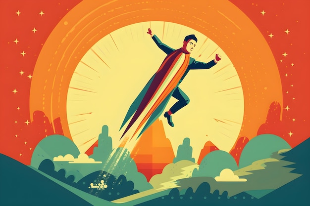Een man vliegt in een supermankostuum met een zon achter hem.