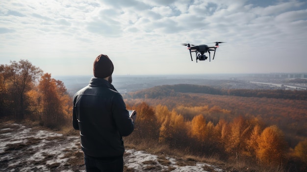 Een man vliegt met een drone in de bergen