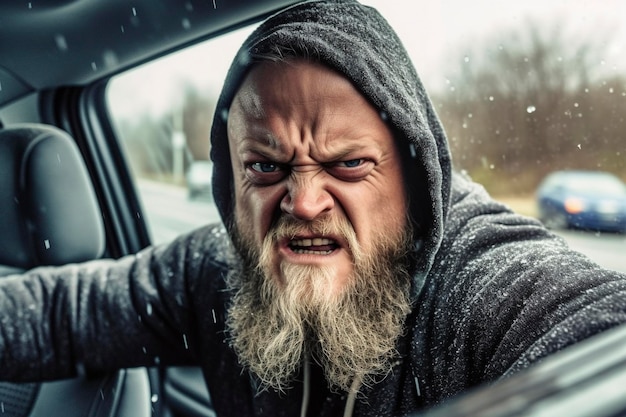 Een man vol woede en onbeschoftheid zit in zijn auto en weerspiegelt zijn gefrustreerde emoties die AI heeft gegenereerd