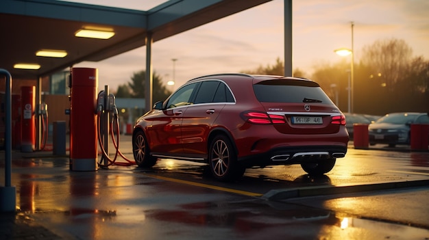 Een man vult de brandstoftank van zijn auto met dieselbrandstof bij het tankstation dichtbij als de kosten van brandstof