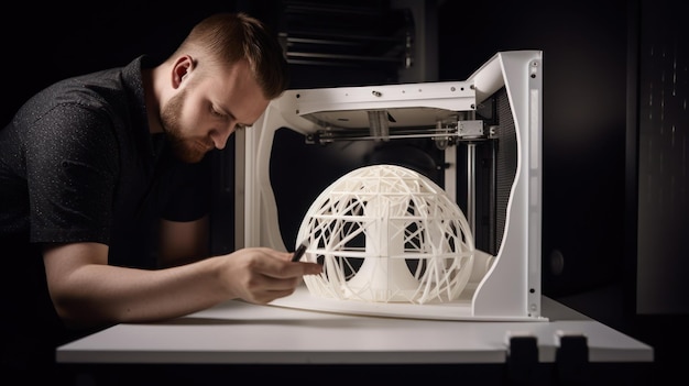Een man werkt aan een 3D-printer.