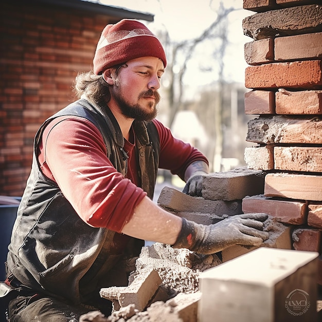 Foto een man werkt aan een bakstenen oven met een rode hoed