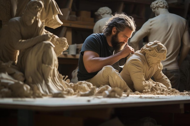 Een man werkt aan een beeld voor een standbeeld van een vrouw.