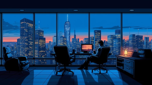 Een man werkt aan een bureau voor een raam met uitzicht op de skyline van de stad.