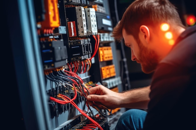 Een man werkt aan een elektrisch paneel met een gloeilamp aan.