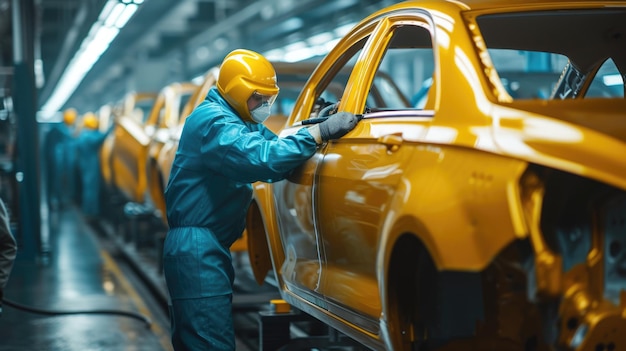 Een man werkt aan een gele auto in een fabriek AIG41