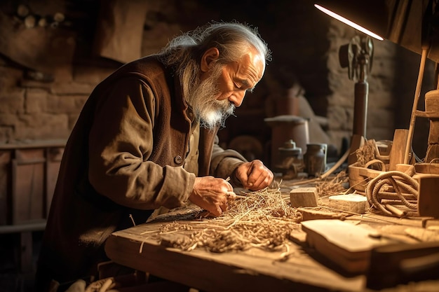 Een man werkt aan een houten tafel met een lamp erop.