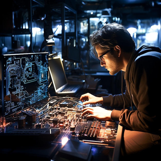 Een man werkt aan een laptop met een blauw scherm waarop staat: "Data gegenereerd door AI"