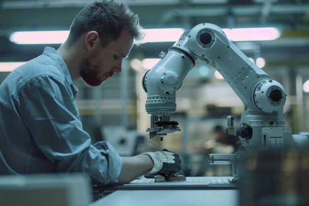 Foto een man werkt aan een robot in een fabriek.