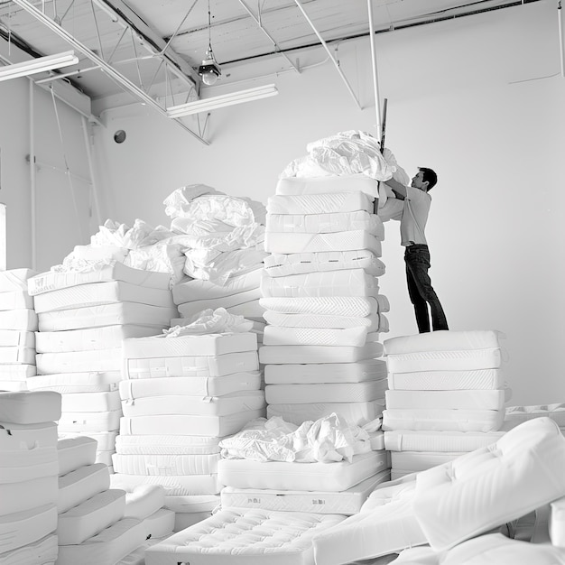 een man werkt aan een stapel witte matrassen