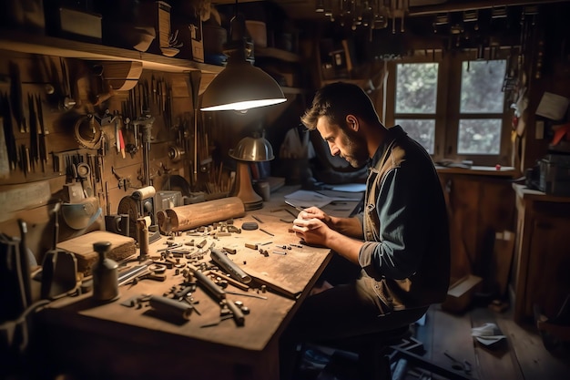 Een man werkt aan een stuk hout in een werkplaats