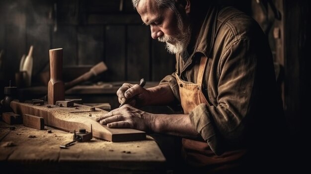 Een man werkt aan een stuk hout.