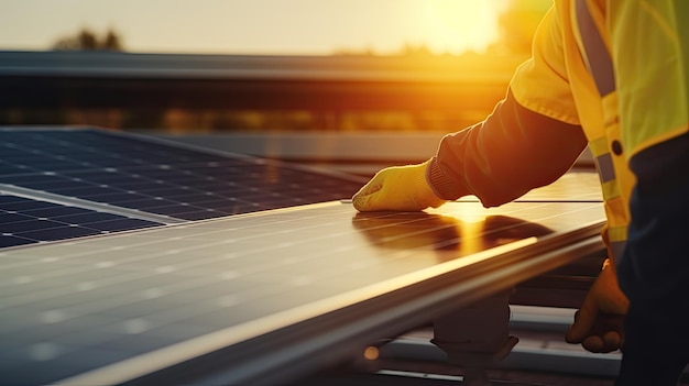 Een man werkt in het veld bij de zonnepanelen.