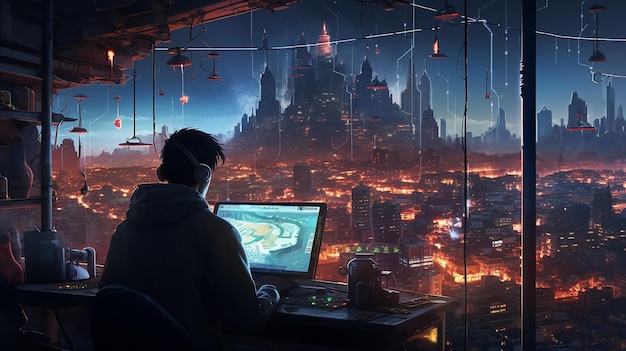 Een man werkt met een sci-fi laptop in cyberpunk city view