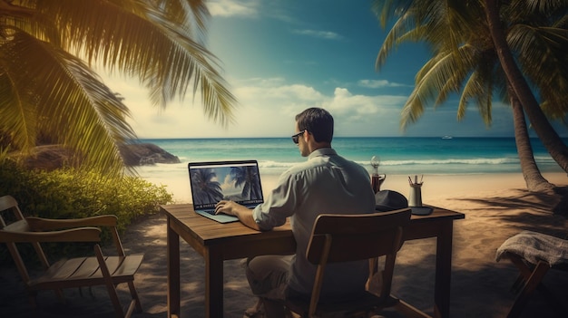 een man werkt op een laptop terwijl hij tussen de palmbomen op het strand zit