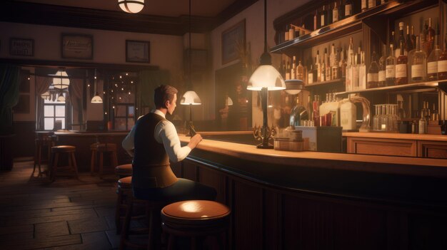Foto een man zit aan een bar in een donkere kamer, met een brandende lamp waarop 'het woord bar' staat.