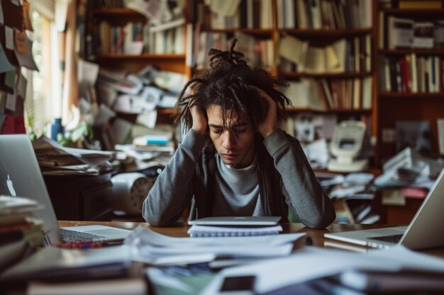 Foto een man zit aan een bureau en werkt aan een laptop. een individu voelt zich overweldigd door werk in een thuisomgeving.