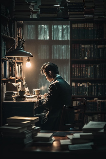 Een man zit aan een bureau in een bibliotheek een boek te lezen.