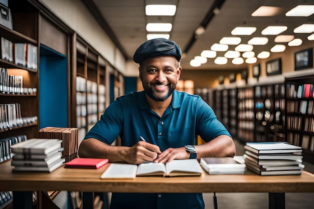 Een man zit aan een bureau in een bibliotheek met een stapel boeken voor zich