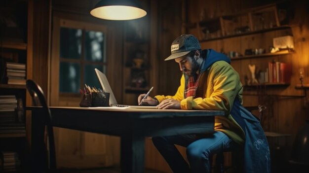 Een man zit aan een bureau in een donkere kamer en schrijft op een laptop.