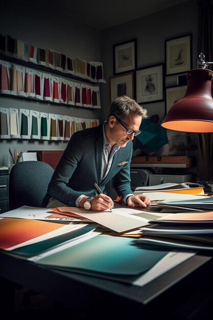 Een man zit aan een bureau in een kamer met een tafel vol kleurrijke stoffen en een lamp met een lamp erop.