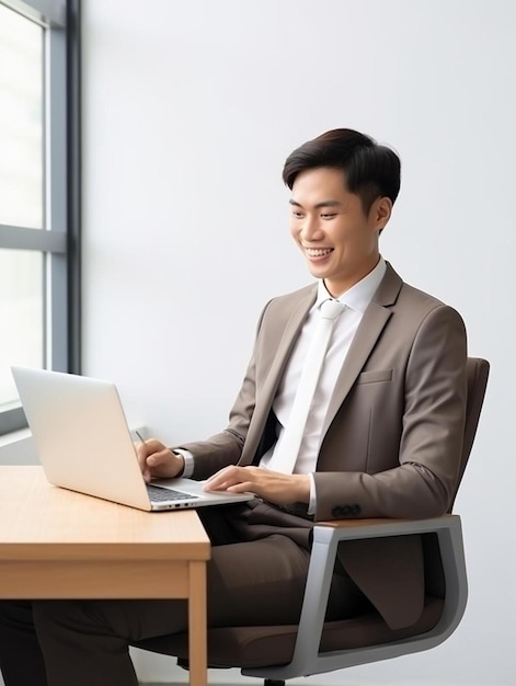 een man zit aan een bureau met behulp van een laptopcomputer