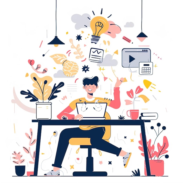 een man zit aan een bureau met een kop koffie en een foto van een man die aan een bureau zit met het woord nee erop