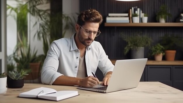 een man zit aan een bureau met een laptop en een boek erop