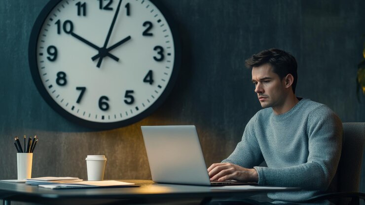 Een man zit aan een bureau met een laptop en een klok op de achtergrond