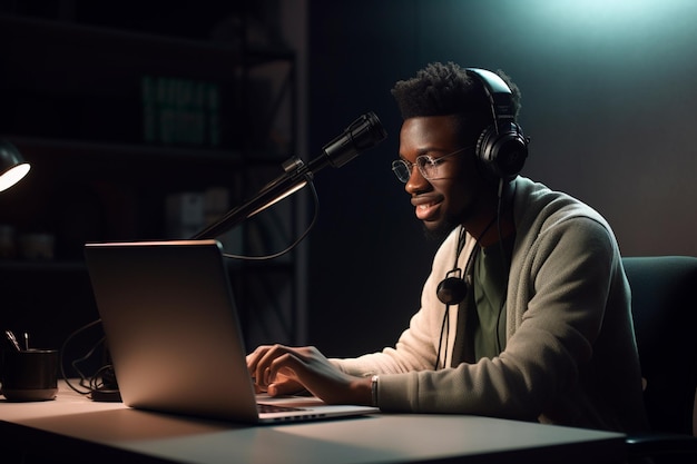 Een man zit aan een bureau met een laptop en een microfoon waarop staat 'bel erop'