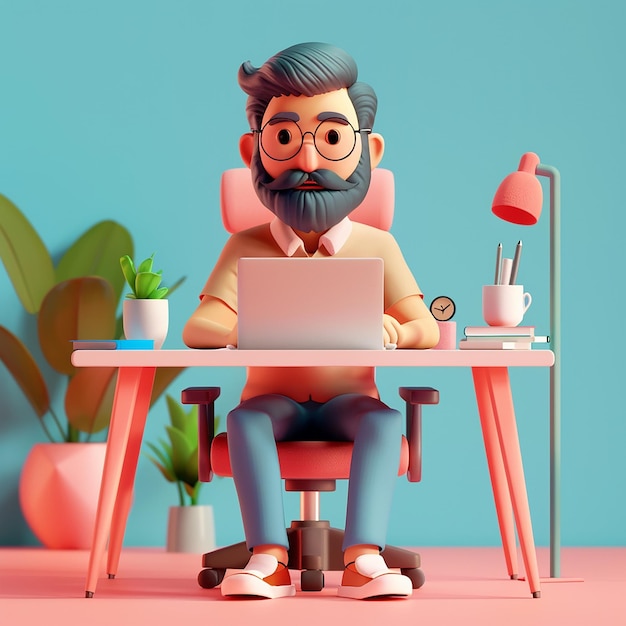 Foto een man zit aan een bureau met een laptop en een muis