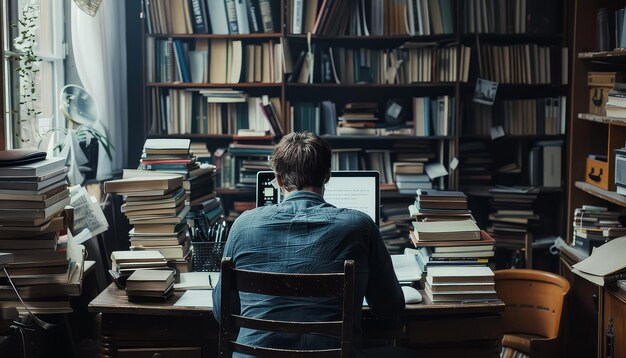 Een man zit aan een bureau met een laptop en een stapel boeken.