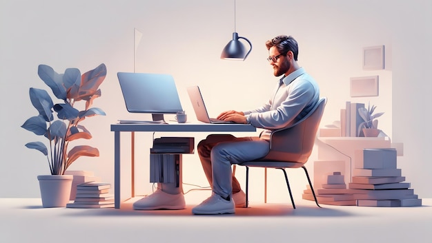 Een man zit aan een bureau met een laptop