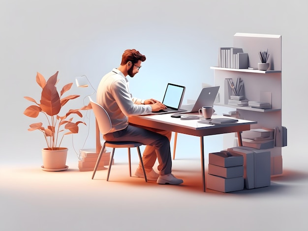 Een man zit aan een bureau met een laptop